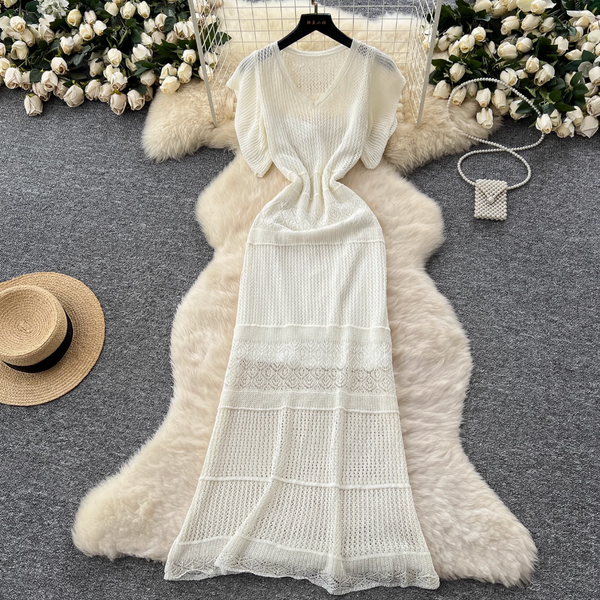 Hollowed Crochet Dress & Slip Dress 2Pcs