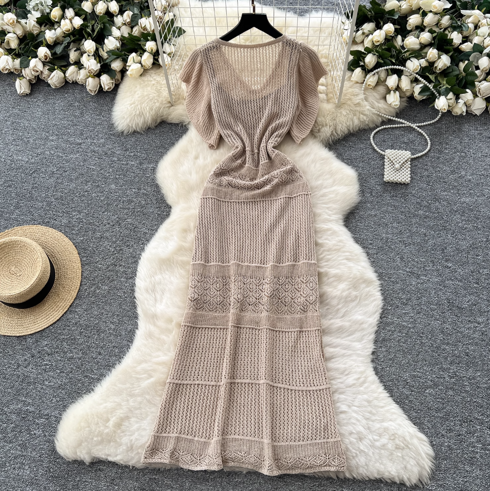 Hollowed Crochet Dress & Slip Dress 2Pcs