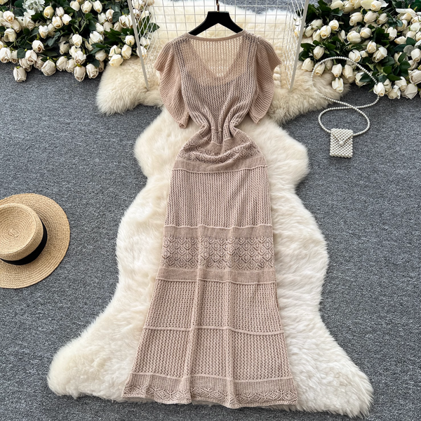Hollowed Crochet Dress & Slip Dress 2Pcs