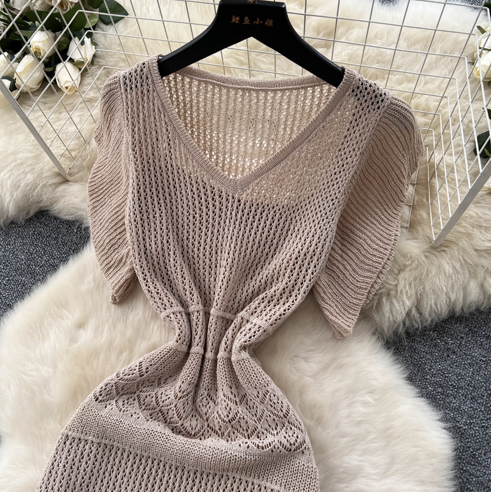 Hollowed Crochet Dress & Slip Dress 2Pcs
