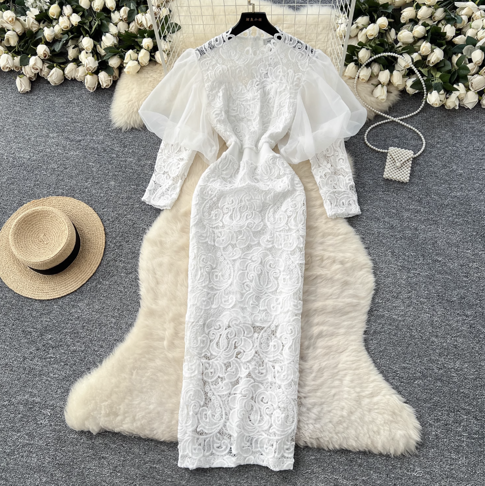Elegant White Lace Embroidery Dress