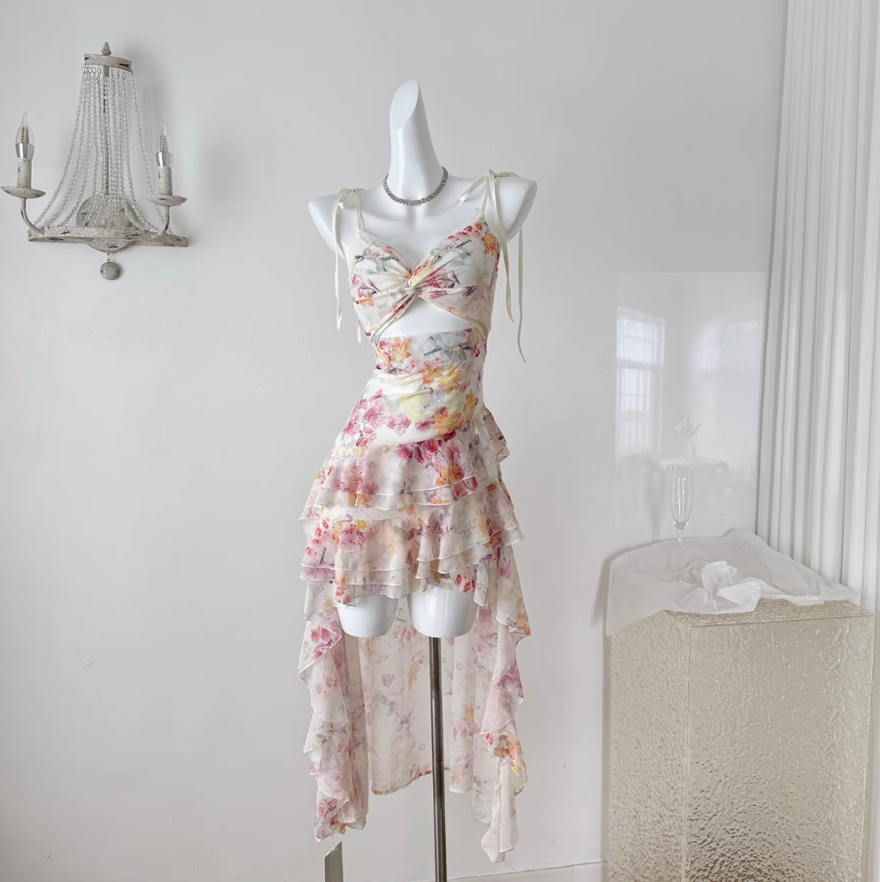 Irregular Design Floral Chiffon Slip Dress