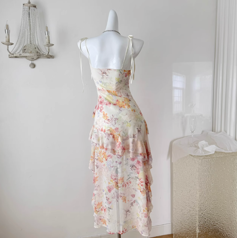 Irregular Design Floral Chiffon Slip Dress
