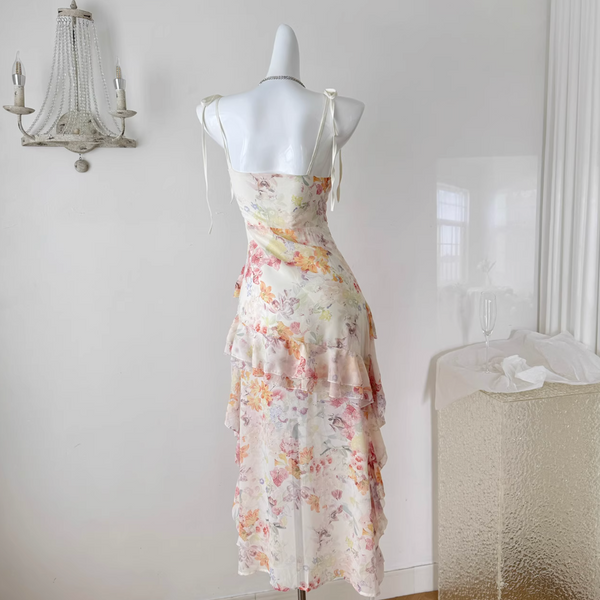 Irregular Design Floral Chiffon Slip Dress