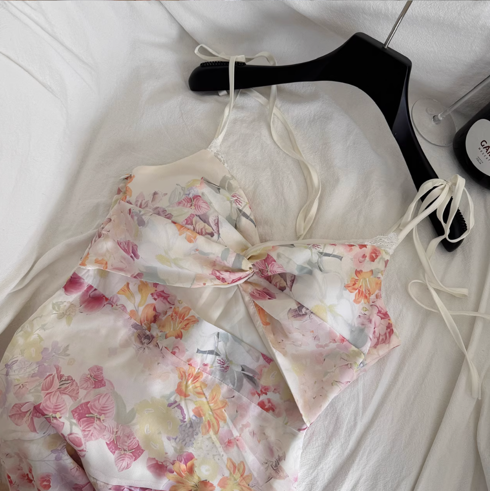 Irregular Design Floral Chiffon Slip Dress