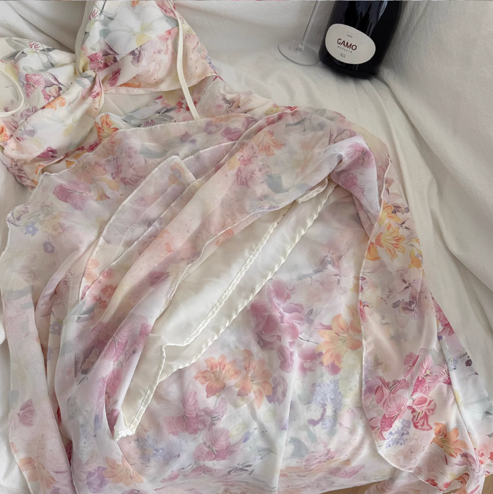 Irregular Design Floral Chiffon Slip Dress