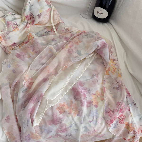 Irregular Design Floral Chiffon Slip Dress