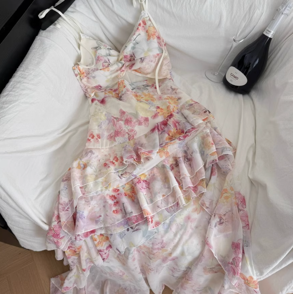 Irregular Design Floral Chiffon Slip Dress