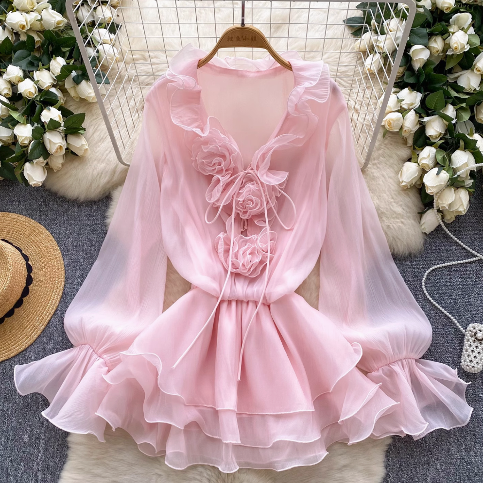Fairy V-neck 3D Flower Chiffon Dress