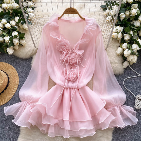 Fairy V-neck 3D Flower Chiffon Dress