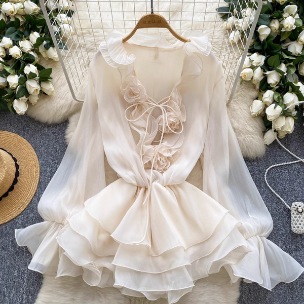 Fairy V-neck 3D Flower Chiffon Dress