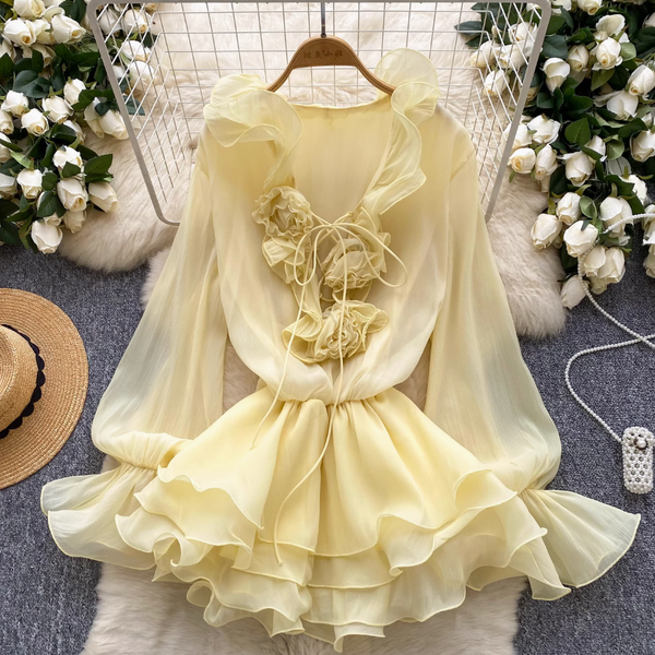 Fairy V-neck 3D Flower Chiffon Dress