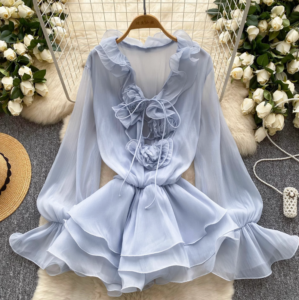 Fairy V-neck 3D Flower Chiffon Dress