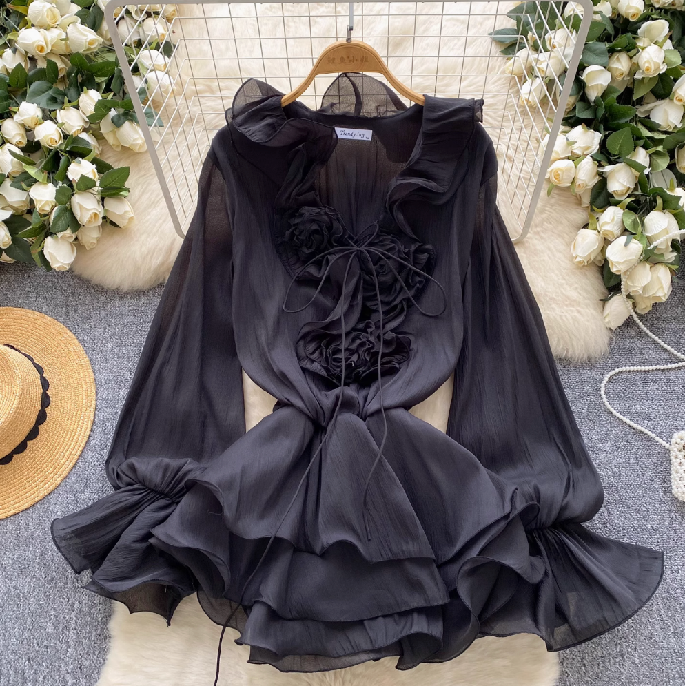 Fairy V-neck 3D Flower Chiffon Dress