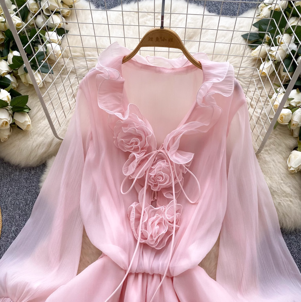 Fairy V-neck 3D Flower Chiffon Dress