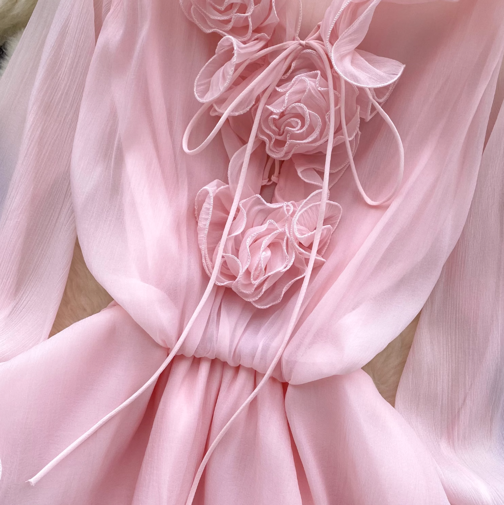Fairy V-neck 3D Flower Chiffon Dress
