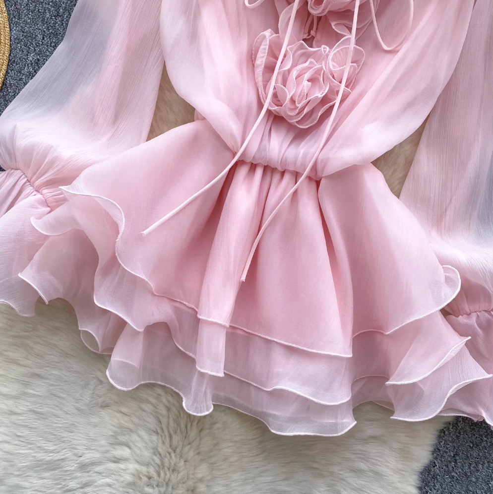 Fairy V-neck 3D Flower Chiffon Dress