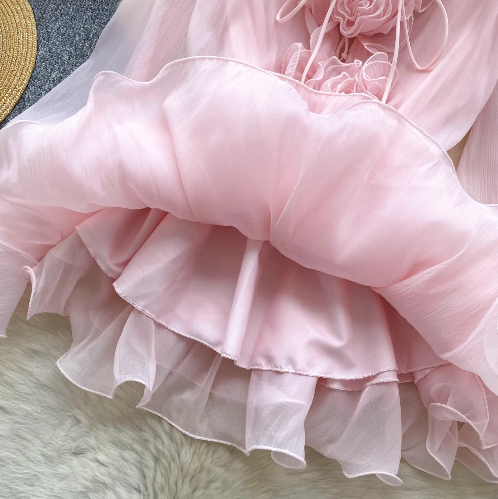 Fairy V-neck 3D Flower Chiffon Dress