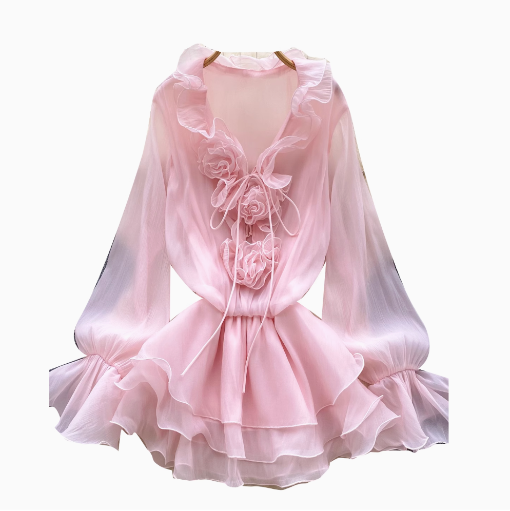 Fairy V-neck 3D Flower Chiffon Dress