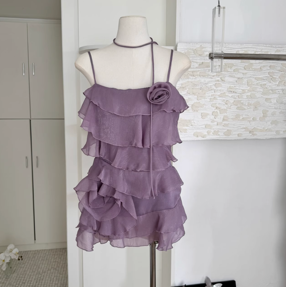 Purple Ruffled Layered Chiffon Slip Dress