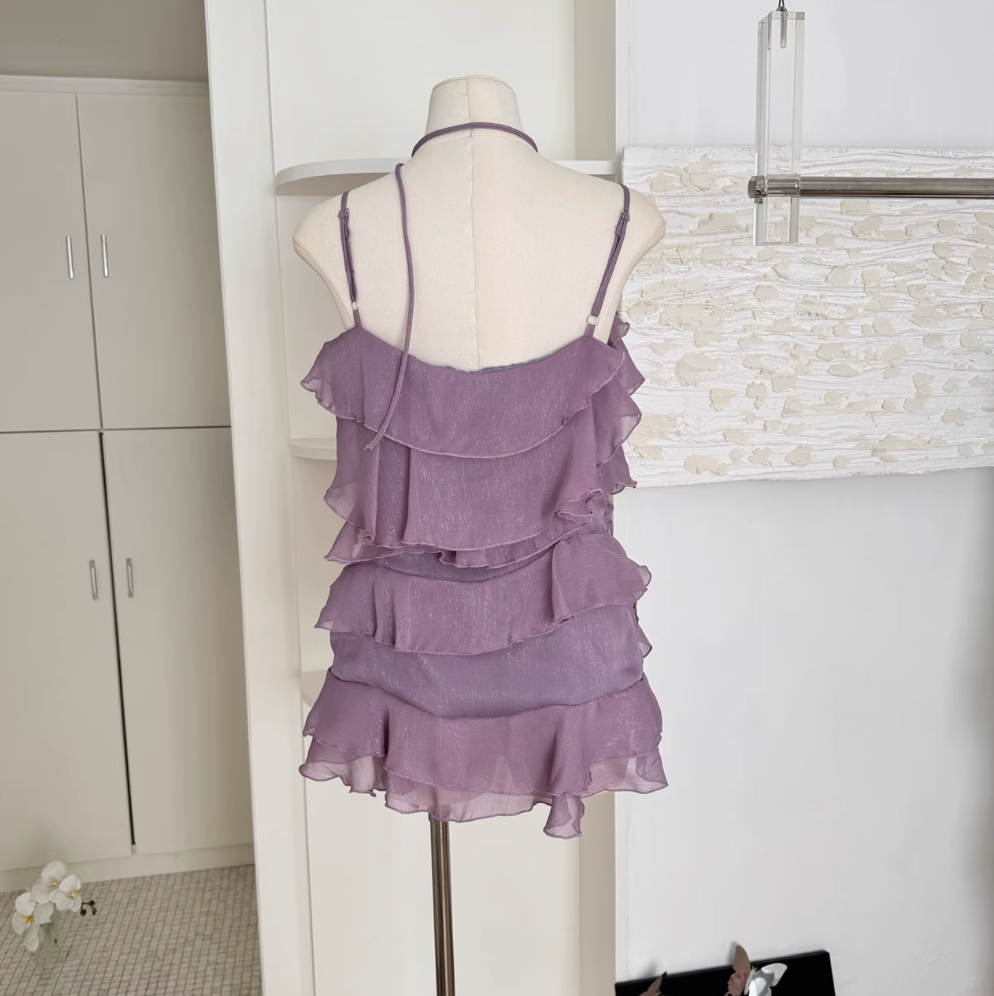 Purple Ruffled Layered Chiffon Slip Dress