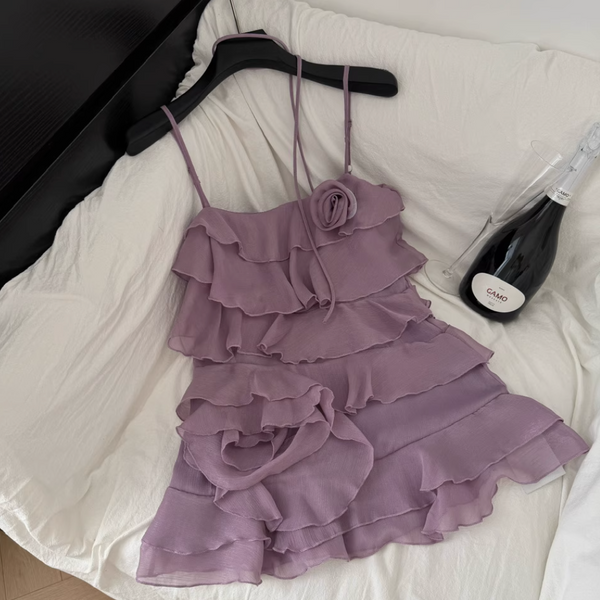 Purple Ruffled Layered Chiffon Slip Dress