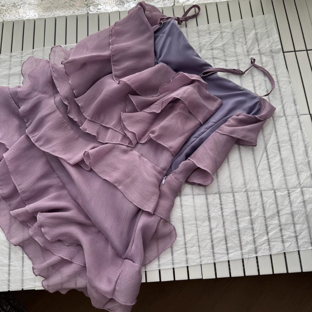 Purple Ruffled Layered Chiffon Slip Dress