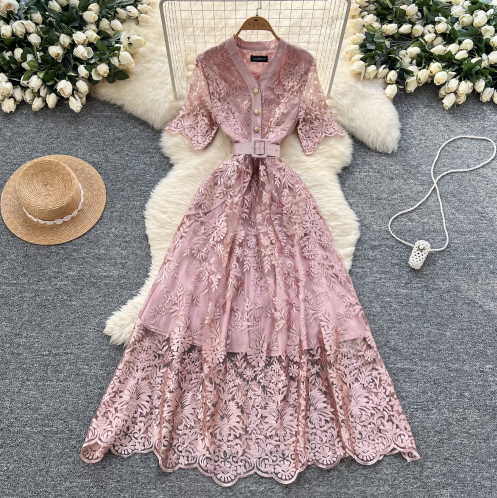 V-neck Embroidered Lace Shirt Dress
