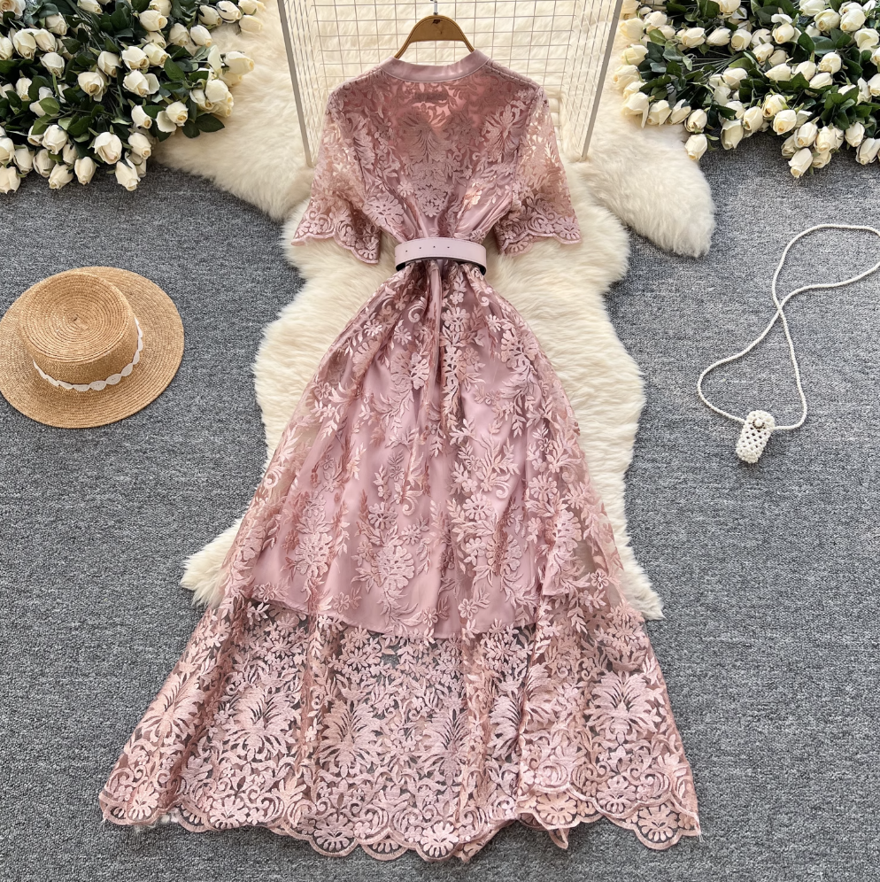 V-neck Embroidered Lace Shirt Dress