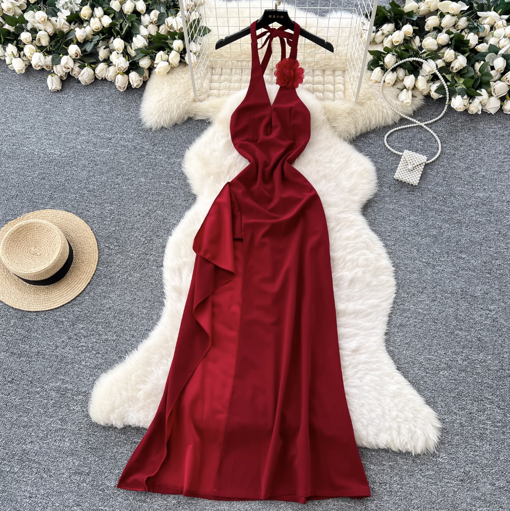 Wine Red Ruffled Split Halter Dress