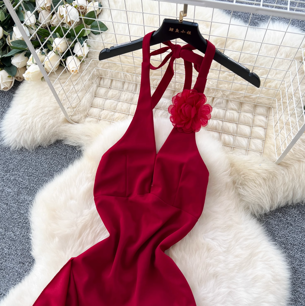 Wine Red Ruffled Split Halter Dress