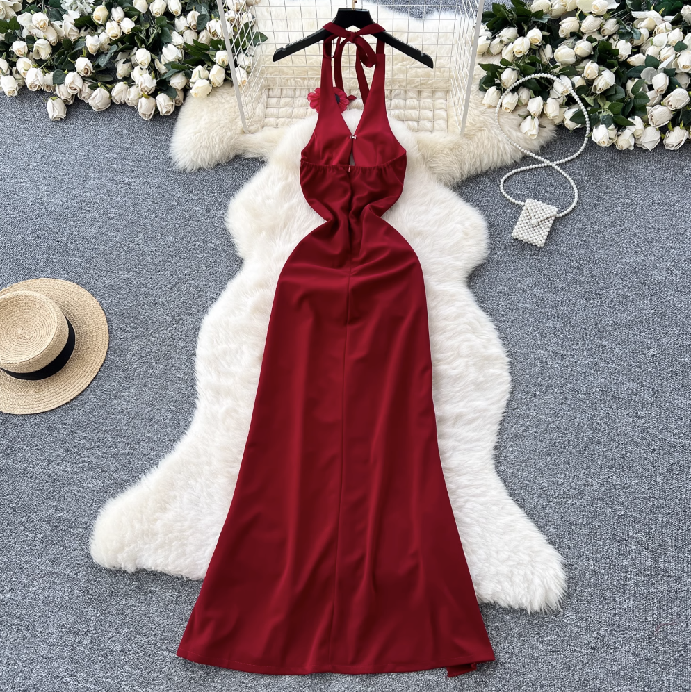 Wine Red Ruffled Split Halter Dress