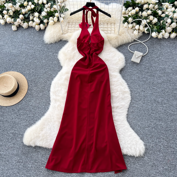 Wine Red Ruffled Split Halter Dress