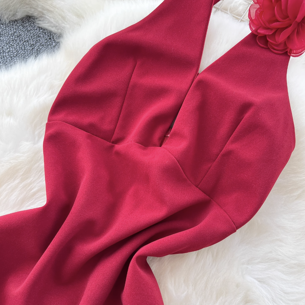 Wine Red Ruffled Split Halter Dress