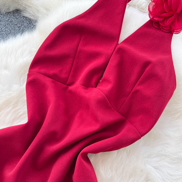 Wine Red Ruffled Split Halter Dress