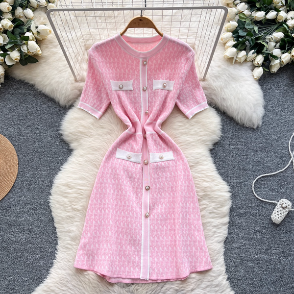 Pearl Button Slim-fit Sweater Dress