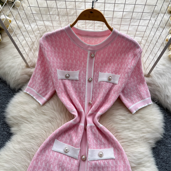 Pearl Button Slim-fit Sweater Dress