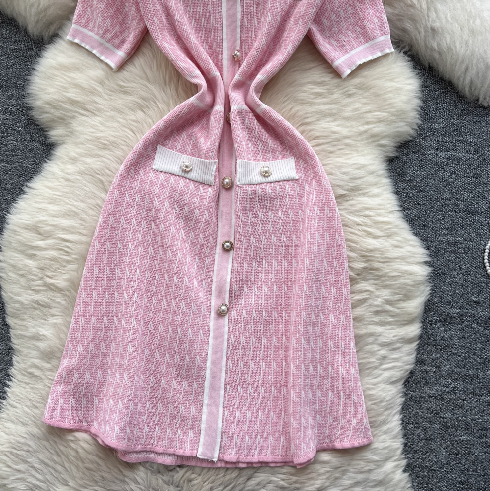 Pearl Button Slim-fit Sweater Dress