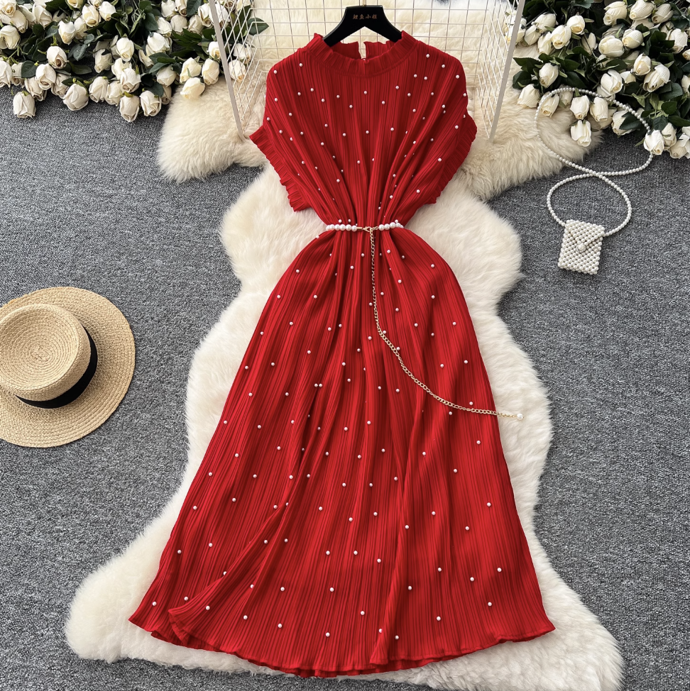 Premium Beaded Lace-up Pleated Dress