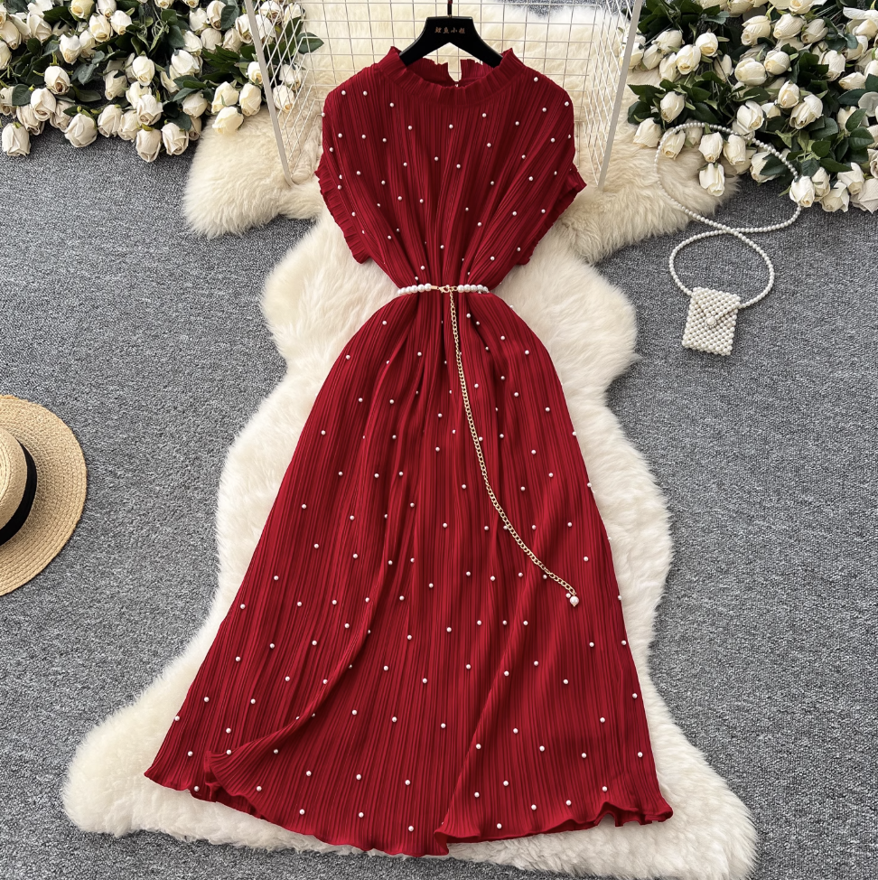 Premium Beaded Lace-up Pleated Dress