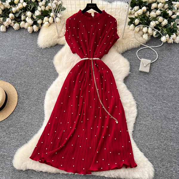 Premium Beaded Lace-up Pleated Dress