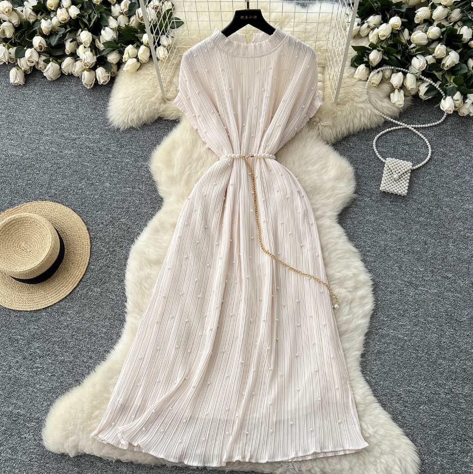 Premium Beaded Lace-up Pleated Dress