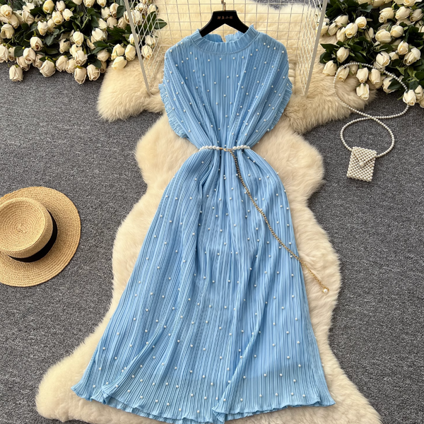 Premium Beaded Lace-up Pleated Dress