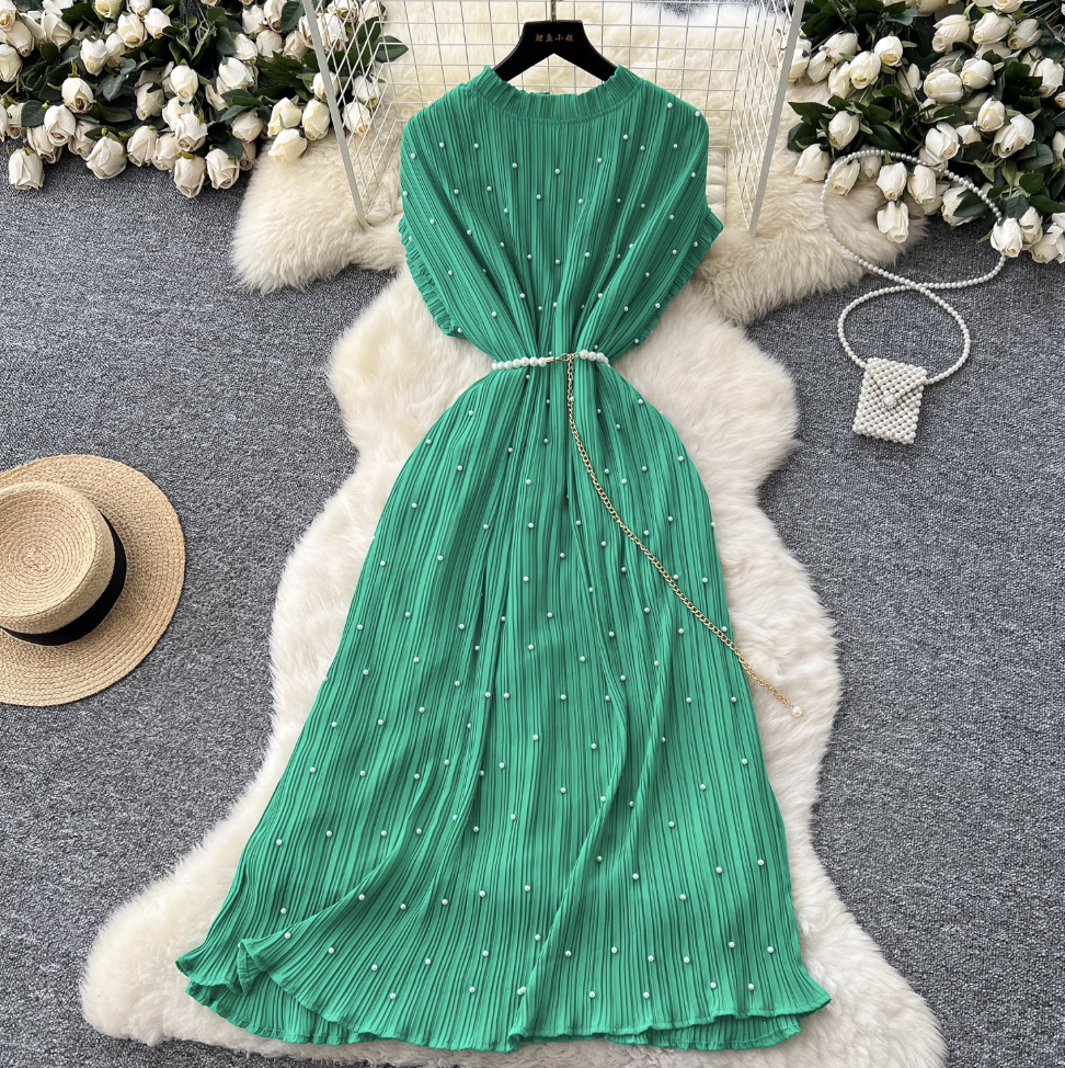 Premium Beaded Lace-up Pleated Dress