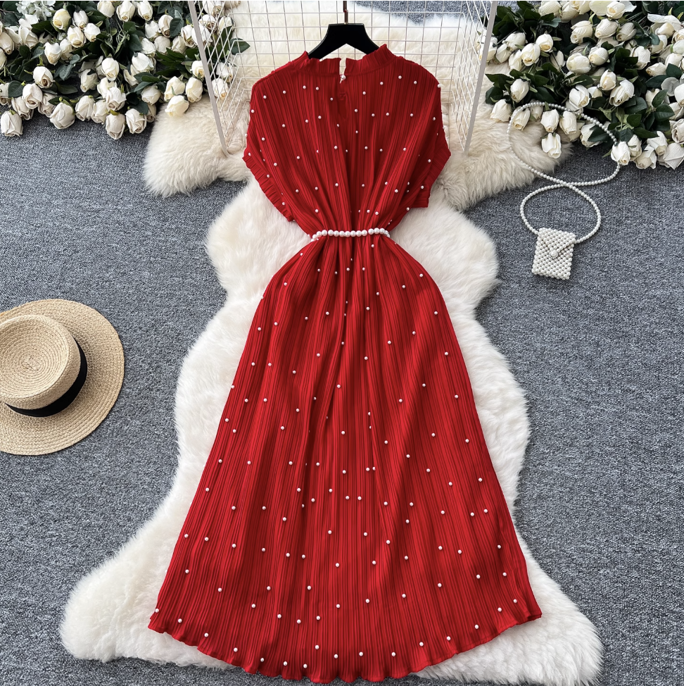 Premium Beaded Lace-up Pleated Dress