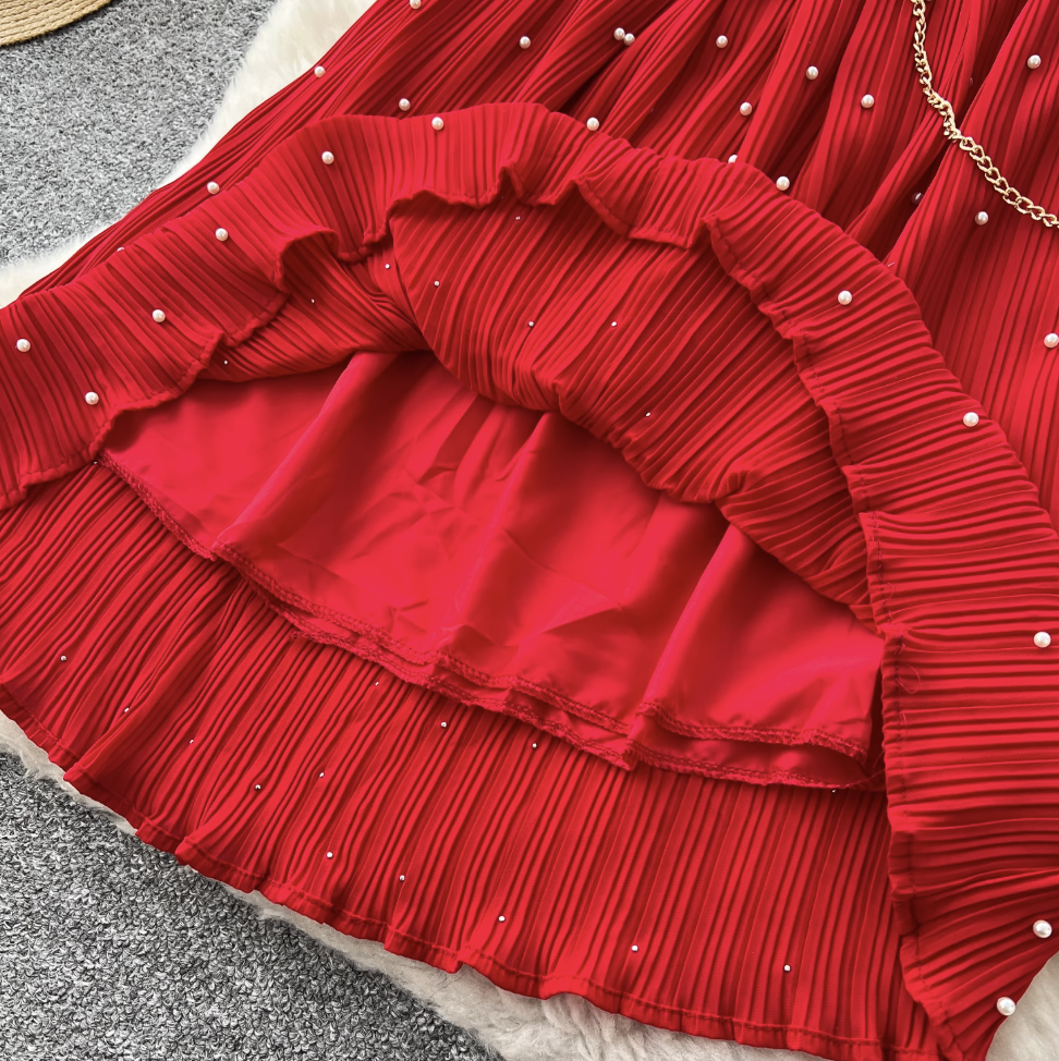 Premium Beaded Lace-up Pleated Dress