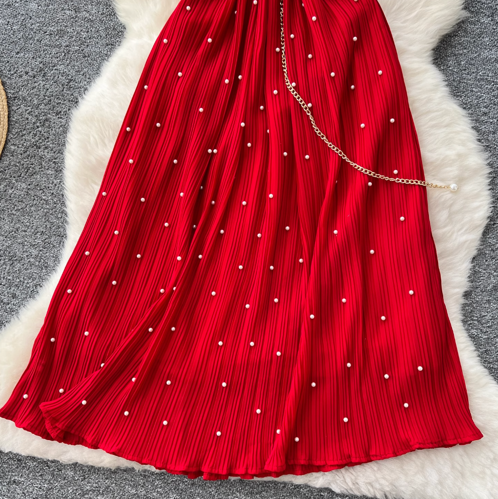 Premium Beaded Lace-up Pleated Dress