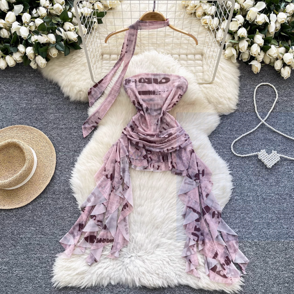 Irregular Design Monogrammed Printed Bustier Dress