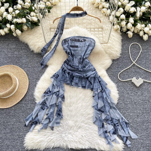 Irregular Design Monogrammed Printed Bustier Dress