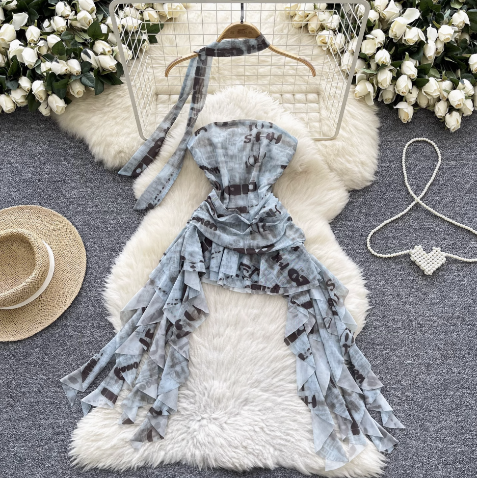 Irregular Design Monogrammed Printed Bustier Dress
